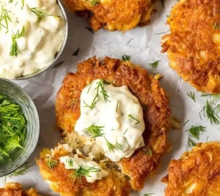 Air fryer crab cakes served on a plate with lemon and herbs