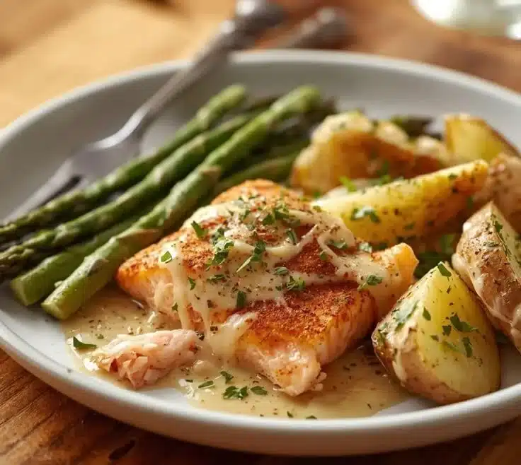 Garlic Herb Potatoes served with salmon on a dinner plate