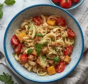 Delicious Horiatiki Pasta Salad with fresh vegetables and feta cheese