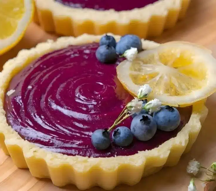 Sliced blueberry lemon tart with fresh blueberries and lemon zest on top.