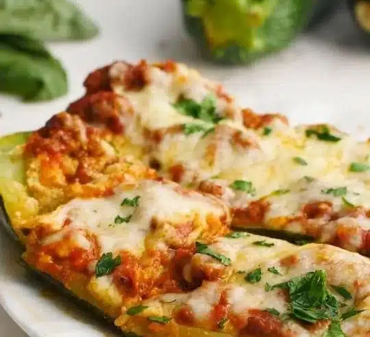 Stuffed lasagna zucchini boats with marinara and cheese, a healthy dinner option