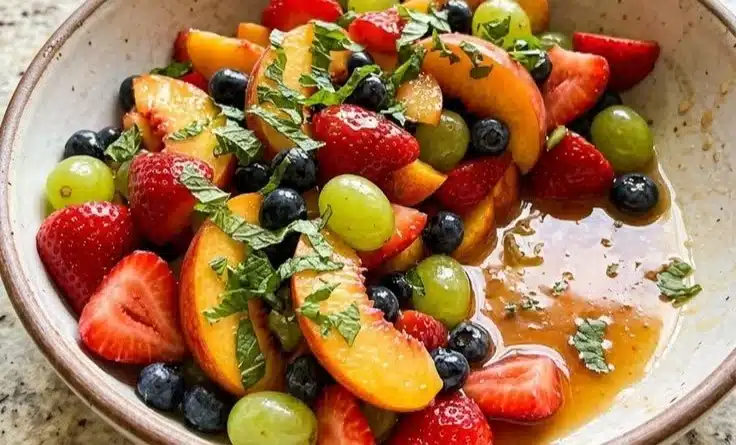 Bowl of colorful summer fruit salad featuring various fresh fruits.