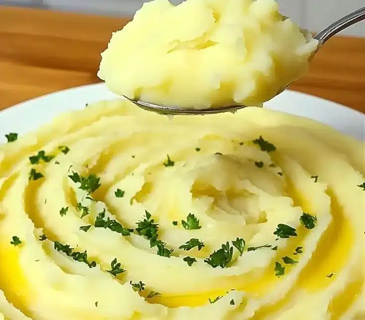 A bowl of creamy potato mousseline topped with herbs and served elegantly.