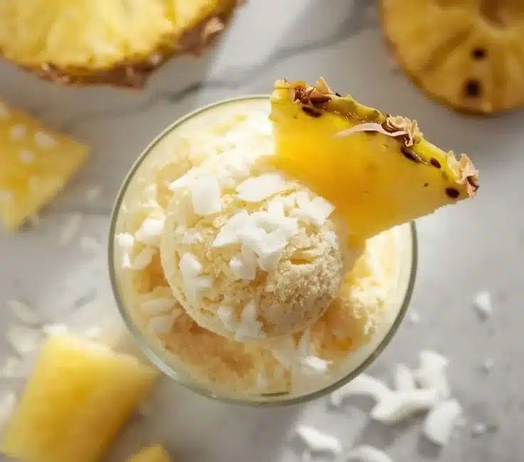 A bowl of tropical pineapple coconut sorbet garnished with fresh pineapple slices.