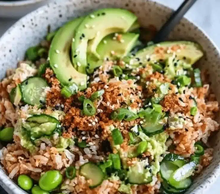 Delicious Tuna Avocado Rice Salad with added crunch for flavor and texture